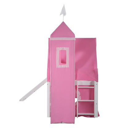 RuiSiSi Twin Loft Bed Frame with Slide Wood House Loft Bed with Ladder, Windows and Tent and Slide for Kids Bedroom, No Box Spring Needed, Pink