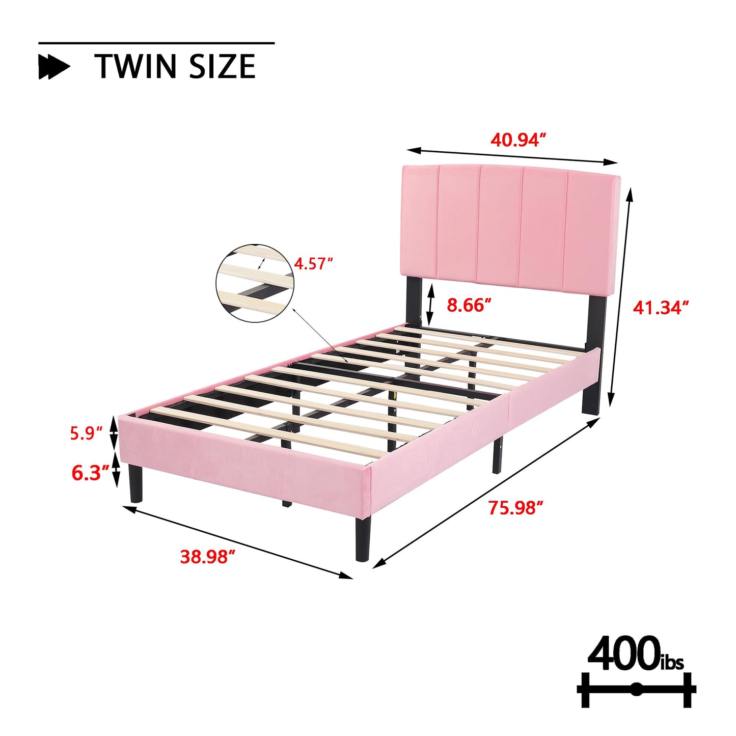 alazyhome Upholstered Twin Size Pink Platform Bed Frame with Velvet Upholstered Headboard Wooden Slats Support No Box Spring Needed Easy Assembly