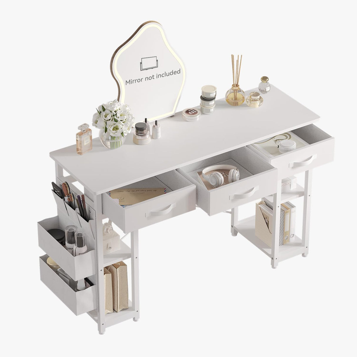 oneinmil White Vanity Desk, Computer and Study Desk with Fabric Drawers & Side Storage Bag, no Mirror. Makeup Vanity Table, Home Office Desk, Modern Writing Desk, 48"x16". oneinmil
