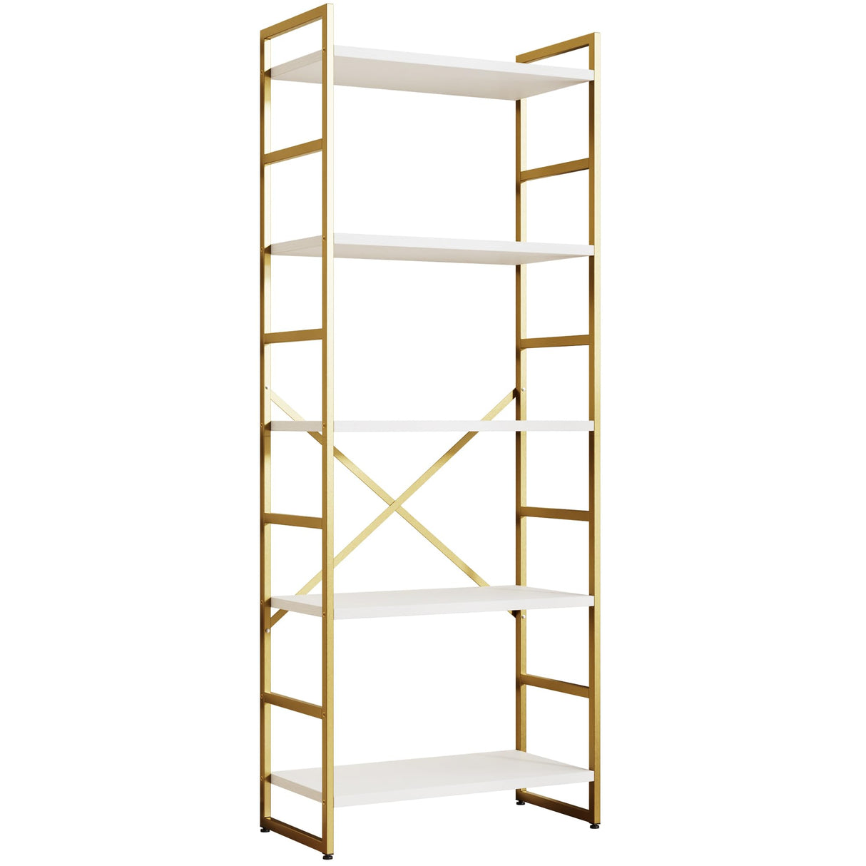Shintenchi 5 Tiers Bookshelf, Classically Tall Bookcase Shelf,Industrial Book Rack,Modern Book Holder in Bedroom/Living Room/Home/Office, Storage Rack Shelves for Books/Movies,Gold Shintenchi
