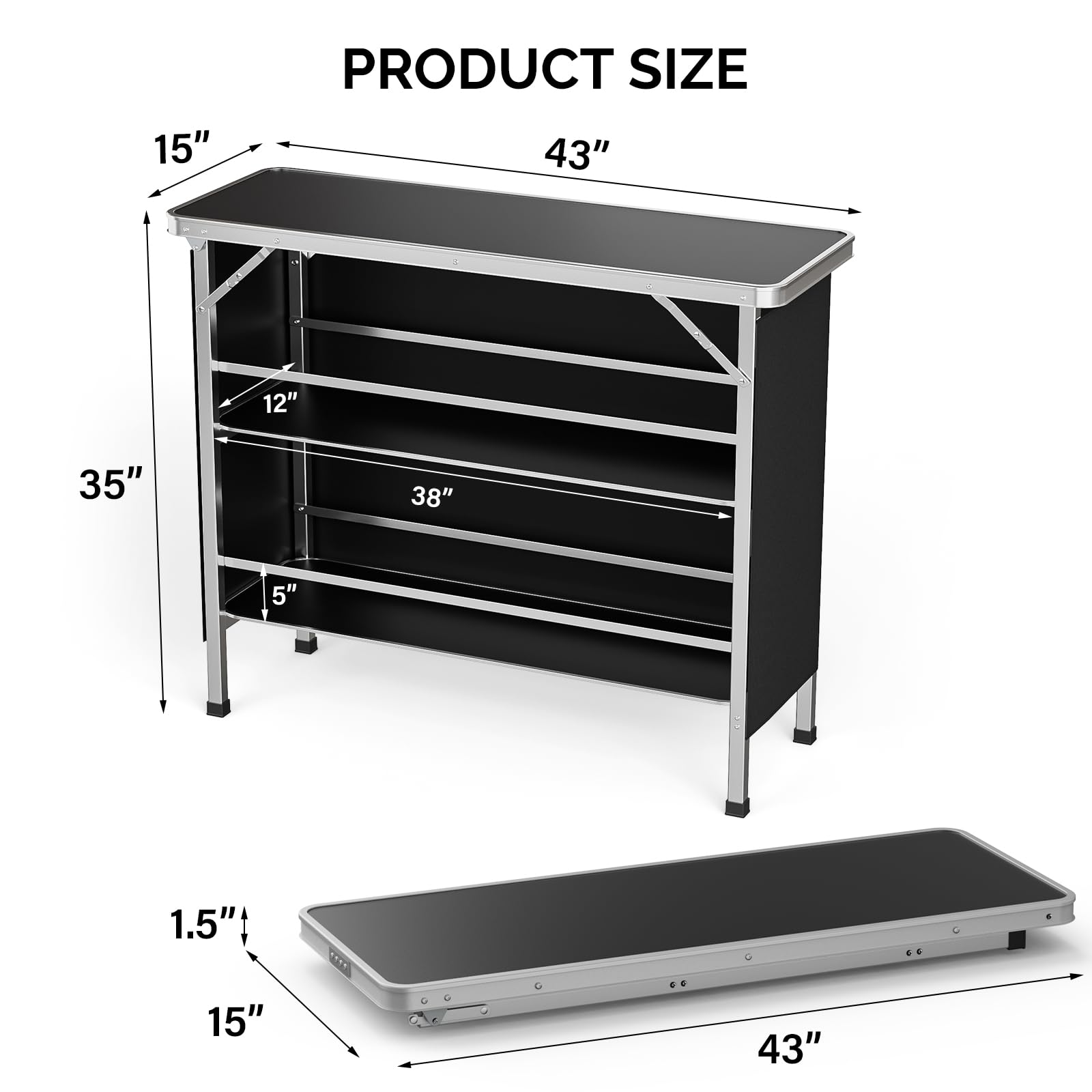 VINGLI 43" Foldable Portable Bar Table with 3-Tier Shelves for Events and Outdoor Use - WoodArtSupply