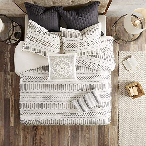 INK+IVY Rhea 100% Cotton Duvet Set Mid Century Modern Boho Design, All Season Comforter Cover Bedding Set, Matching Shams, Full/Queen, Geometric Clipped Jacquard Ivory 3 Piece INK+IVY