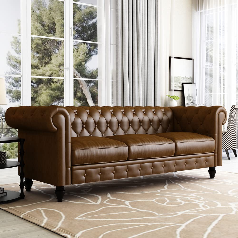 WILLIAMSPACE 88.2" Chesterfield Sofa Couch for Living Room, 3 Seater Couches Upholstered Tufted PU Sectional Sofa for Office Apartment - Brown WILLIAMSPACE