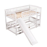 Low Bunk Bed with Slide Twin Over Twin Bunk Beds for Kids Toddlers, Wood Floor Beds Frame with Rails for Boys Girls Teens, White Bellemave