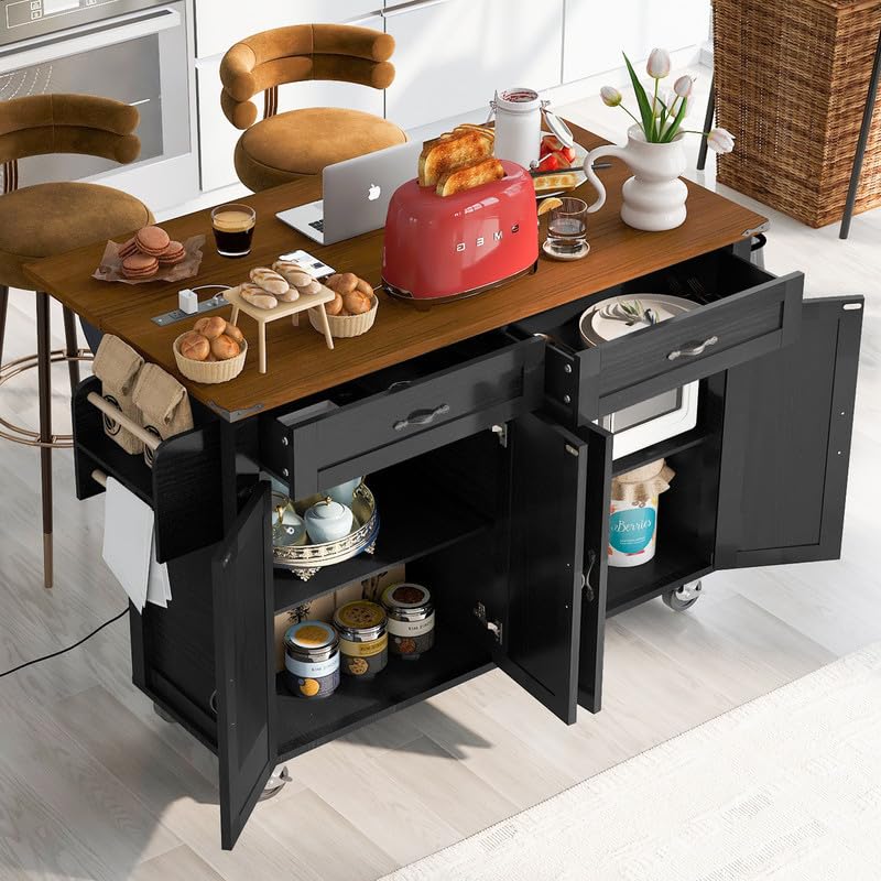 53.5''Farmhouse Kitchen Island with Power Outlet, Kitchen Storage Island with Drop Leaf, Spice Rack and Drawer, Rolling Kitchen Cart on Wheels, for Home, Kitchen and Dining Room, Black HomeGearTech