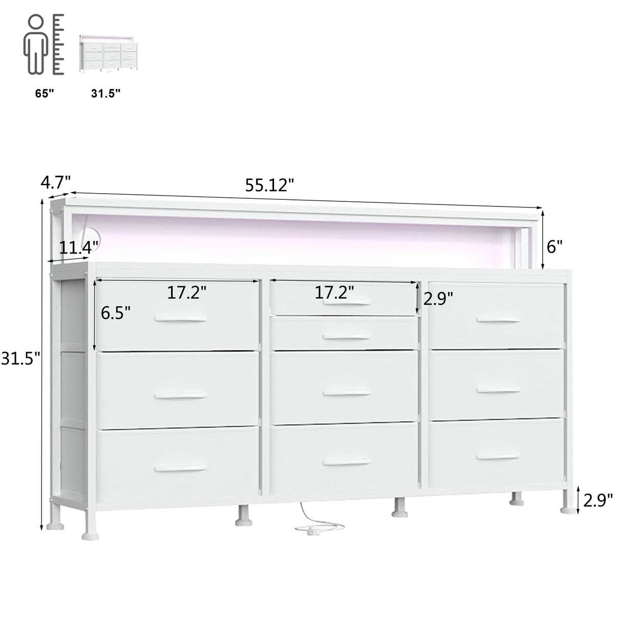 WODRAWER White Dresser for Bedroom with 10 Drawers, 55" W Long Dressers & Chests of Drawers with LED Lights & Power Outlets & Shelves, Fabric Dresser for Closet, Entryway WODRAWER