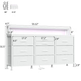 WODRAWER White Dresser for Bedroom with 10 Drawers, 55" W Long Dressers & Chests of Drawers with LED Lights & Power Outlets & Shelves, Fabric Dresser for Closet, Entryway WODRAWER