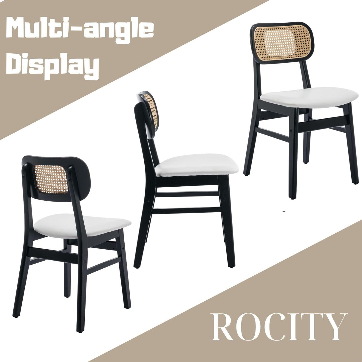 ROCITY Rattan Dining Chairs Set of 2 Black Wooden Dining Room Chairs White Faux Leather Kitchen Chairs with Back Farmhouse Side Chairs ROCITY