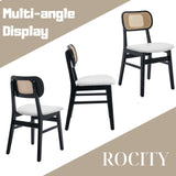 ROCITY Rattan Dining Chairs Set of 2 Black Wooden Dining Room Chairs White Faux Leather Kitchen Chairs with Back Farmhouse Side Chairs ROCITY