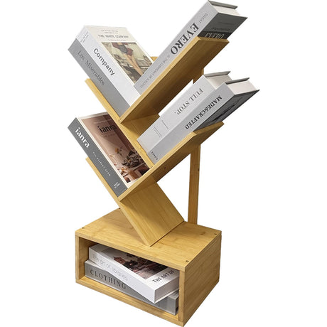 Bamboo 4 Tree Bookshelf Small Bookcase Free Standing Wood Bookcase for Narrow Space Modern Book Storage Rack for Books/Movies/CDs Narrow Display Rack for Living Room Home Office (Bamboo, 4-Tier) Sholramo