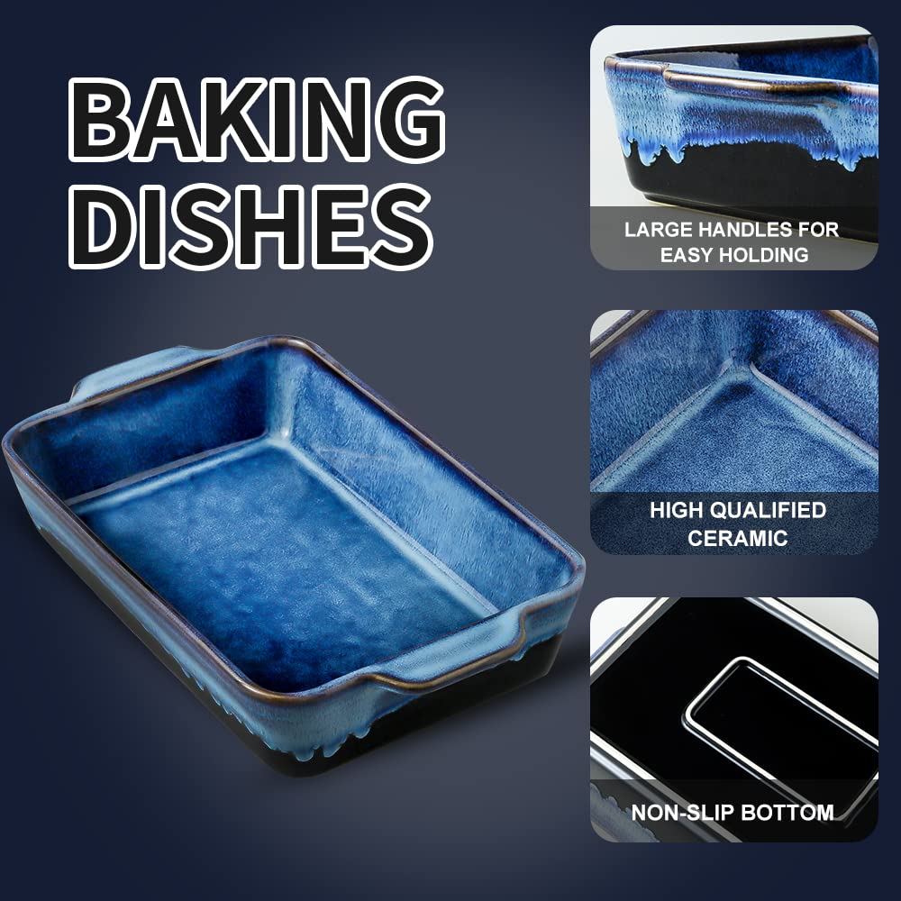 KOOV Bakeware Set, Ceramic Baking Dish Set, Rectangular Casserole Dish Set, lasagna Pan, Baking Pans Set for Cooking, Cake Dinner, Kitchen, 9 x 13 Inches, Reactive Glaze 3-Piece (Nebula Blue) KOOV