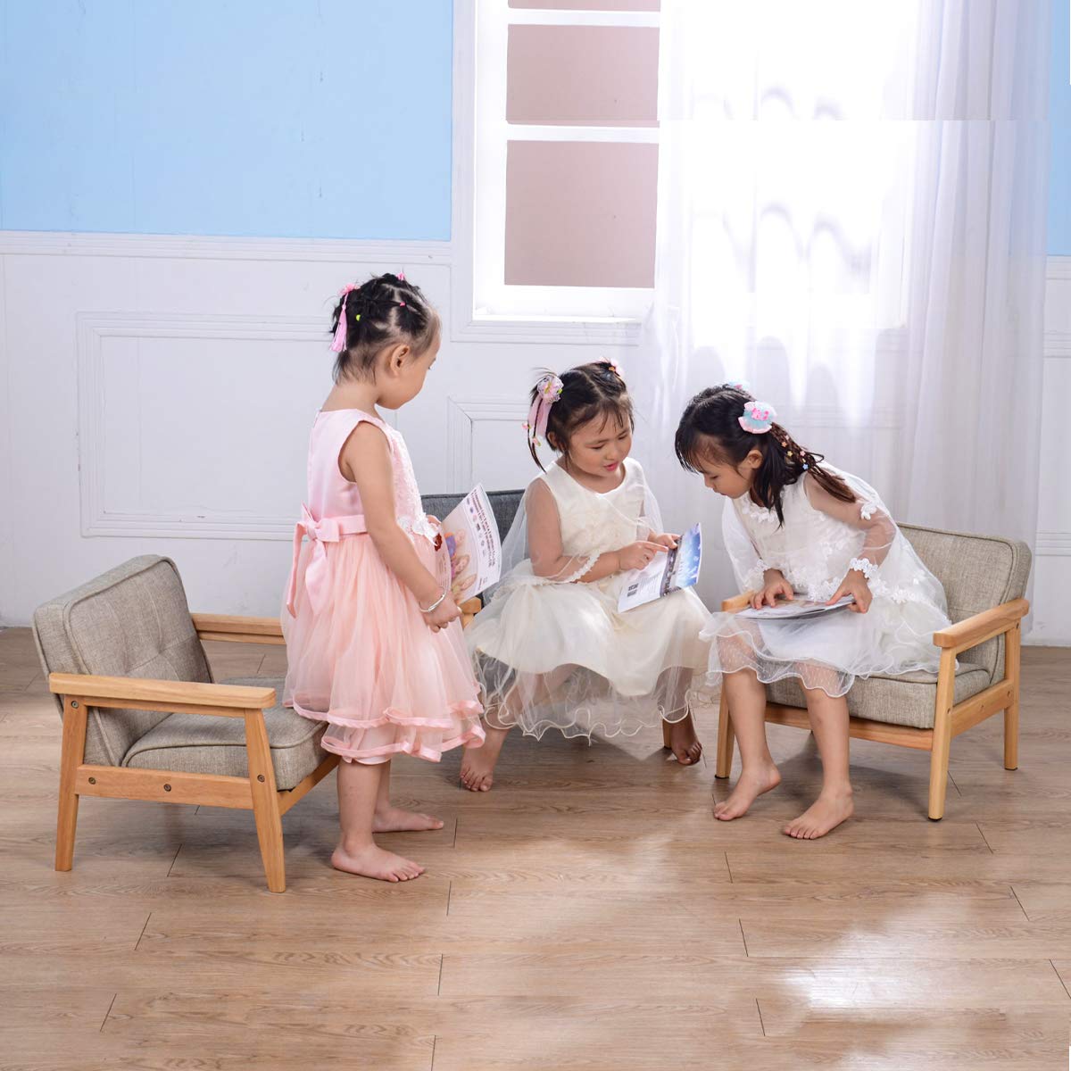 Kid Chair Sofa ,Upholstered Armrest Chair with Solid Wood Structure and Linen Fabric for Kids Gift ( Dark Grey,Light Grey) (Light Grey) BabyLand