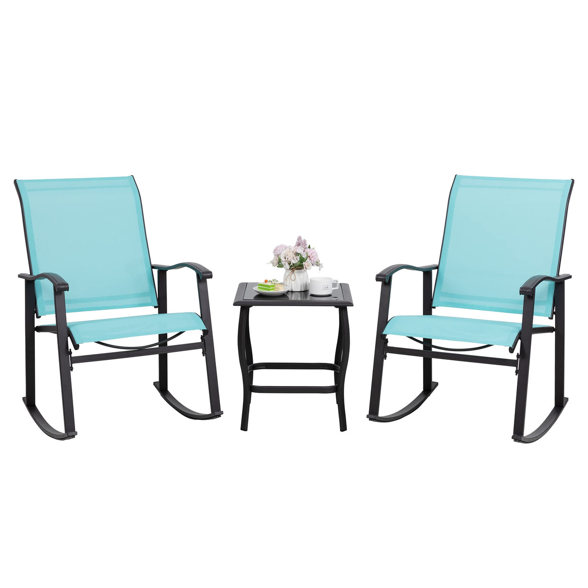 Shintenchi 3 Piece Rocking Bistro Set, Outdoor Furniture with Rocker Chairs and Glass Coffee Table Set of 3, Balcony, Porch Furniture for Small Space, Blue Shintenchi