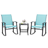Shintenchi 3 Piece Rocking Bistro Set, Outdoor Furniture with Rocker Chairs and Glass Coffee Table Set of 3, Balcony, Porch Furniture for Small Space, Blue Shintenchi