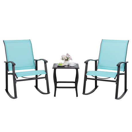 Shintenchi 3 Piece Rocking Bistro Set, Outdoor Furniture with Rocker Chairs and Glass Coffee Table Set of 3, Balcony, Porch Furniture for Small Space, Blue Shintenchi