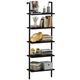 aboxoo Ladder Shelf Open 5-Tier Bookshelf Wall-Mounted Black Wood Bookcase Storage Rack Open Industrial Modern Plant Stand Utility Organizer Bookcase Metal Frame Furniture Office Bedroom aboxoo