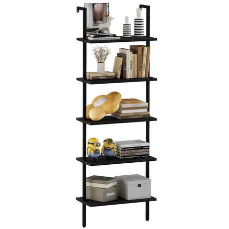 aboxoo Ladder Shelf Open 5-Tier Bookshelf Wall-Mounted Black Wood Bookcase Storage Rack Open Industrial Modern Plant Stand Utility Organizer Bookcase Metal Frame Furniture Office Bedroom aboxoo