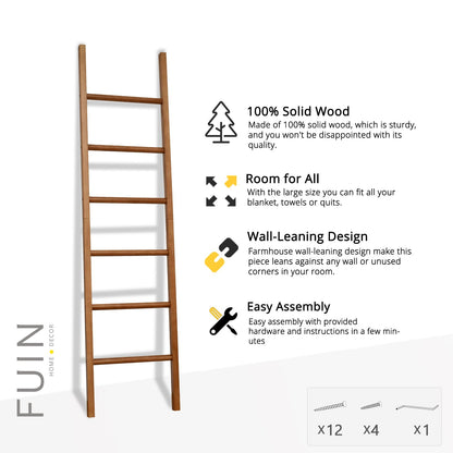 FUIN 6ft Wooden Natural Blanket Ladder Living Room Decorative Wall Leaning Farmhouse Quilt Display Holder Rustic Wood Towel Rack for Bathroom