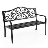 Tangkula 50 Inches Outdoor Garden Park Bench, Cast Iron Metal Patio Bench with Floral Design Backrest, Armrests and Slatted Seat, Outdoor Loveseat Chair for Porch, Lawn and Yard, Black Tangkula