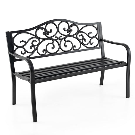 Tangkula 50 Inches Outdoor Garden Park Bench, Cast Iron Metal Patio Bench with Floral Design Backrest, Armrests and Slatted Seat, Outdoor Loveseat Chair for Porch, Lawn and Yard, Black Tangkula