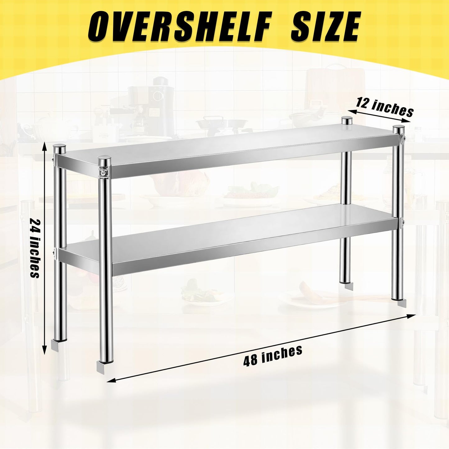 Yaocom 12" x 48" Stainless Steel Double Deck Overshelf for Prep Table Heavy Duty Commercial 2 Tier Shelf for Work Table in Restaurant Bar Kitchen Garage Home Hotel - WoodArtSupply