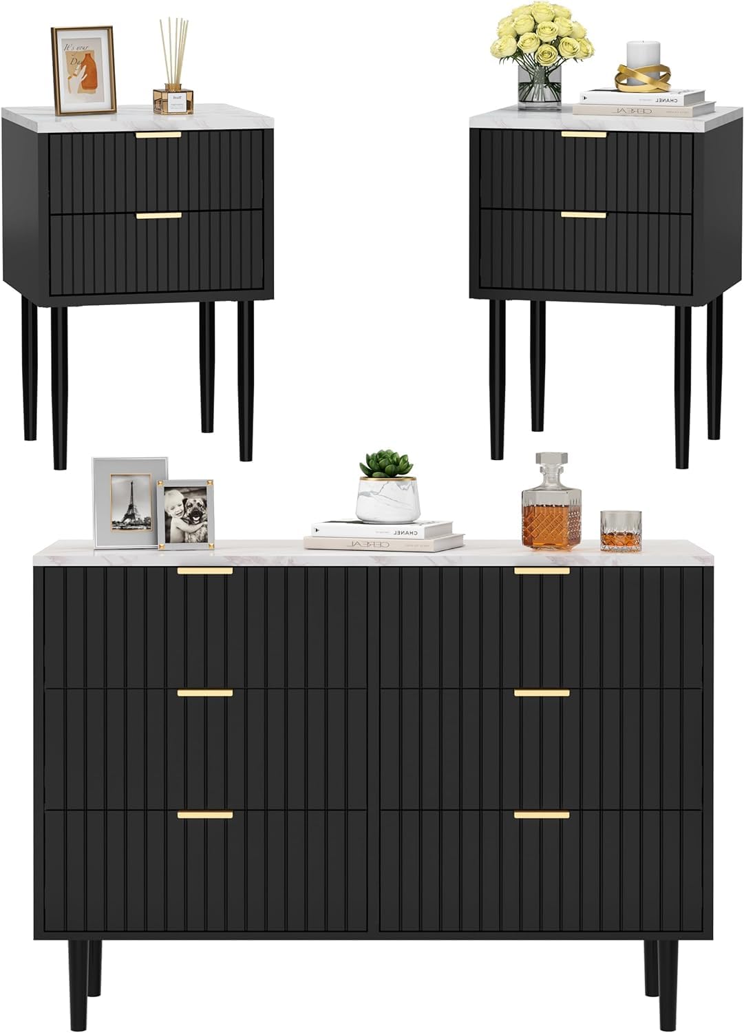 UEV Black 6 Drawer Dresser and Nightstand Sets for Bedroom,Marble Texture Top Modern Dresser and Fluted Night Stand Set of 2 Comb 3 Pieces UEV
