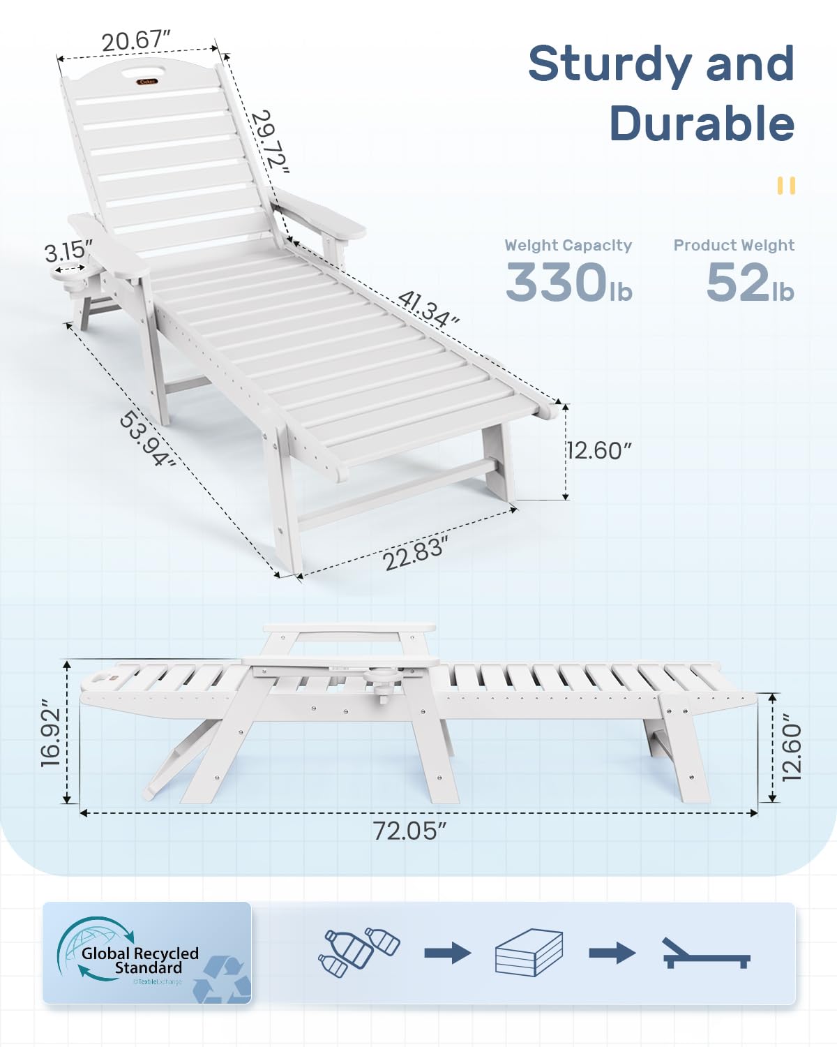 Chaise Lounge for Outdoor, Patio Lounge Chairs for Outside, Chaise Lounge Chair with 6 Positions, HDPE Lounge Chair with Cup Holder for Pool Poolside Deck Backyard Lawn,White