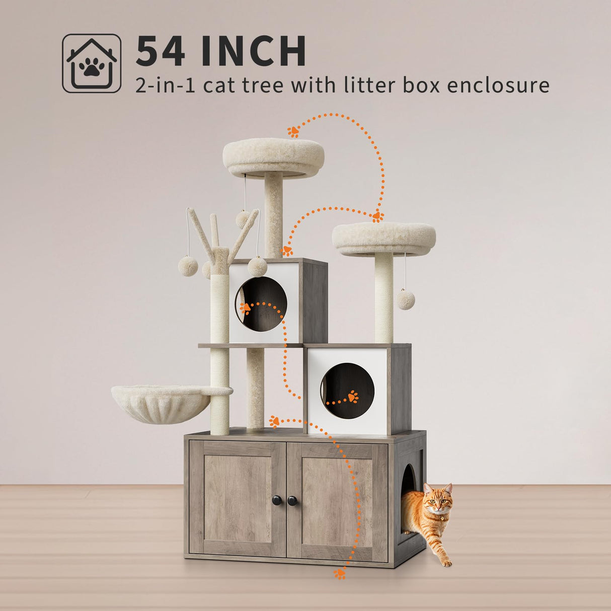 Litter Box Enclosure with Cat Tree Tower and Condo, Hidden Cat Washroom Furniture with Sisal Scratching Post & Soft Plush Perch, Wooden Cat Furniture with Multiple Platforms,Griege Amenitlif