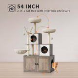Litter Box Enclosure with Cat Tree Tower and Condo, Hidden Cat Washroom Furniture with Sisal Scratching Post & Soft Plush Perch, Wooden Cat Furniture with Multiple Platforms,Griege Amenitlif
