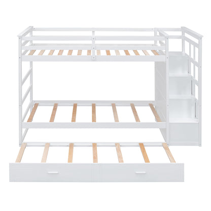 Harper & Bright Designs Twin Over Twin Bunk Bed with Trundle and Staircase, Solid Wood Bunk Bed for Kids Teens Adults (Natural White)