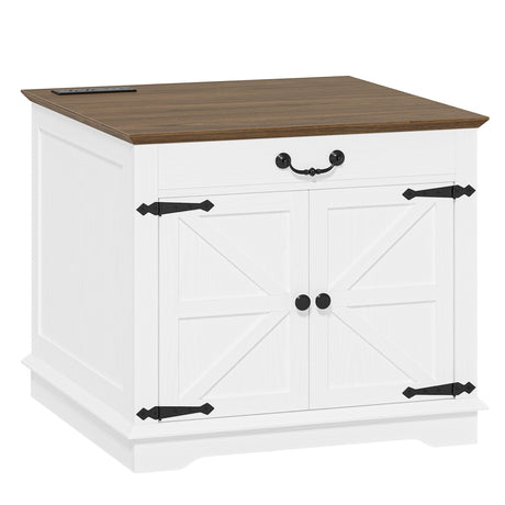 IRONCK Farmhouse End Table with Charging Station, 23.6" Large Sofa Side Table with Drawer and Back Storage Shelf, Rustic Square Nightstand with Adjustable Shelf for Living Room, Bedroom, White IRONCK