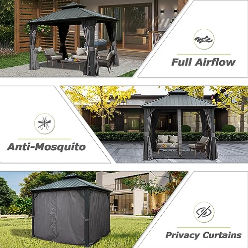 Domi 10' X 10' Hardtop Gazebo, Aluminum Metal Gazebo with Galvanized Steel Double Roof Canopy, Curtain and Netting, Permanent Gazebo Pavilion for Patio, Backyard, Deck, Lawn