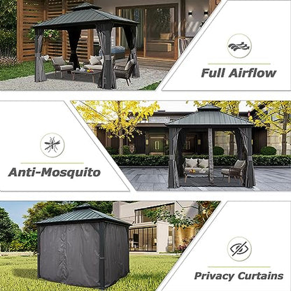 Domi 10' X 10' Hardtop Gazebo, Aluminum Metal Gazebo with Galvanized Steel Double Roof Canopy, Curtain and Netting, Permanent Gazebo Pavilion for Patio, Backyard, Deck, Lawn