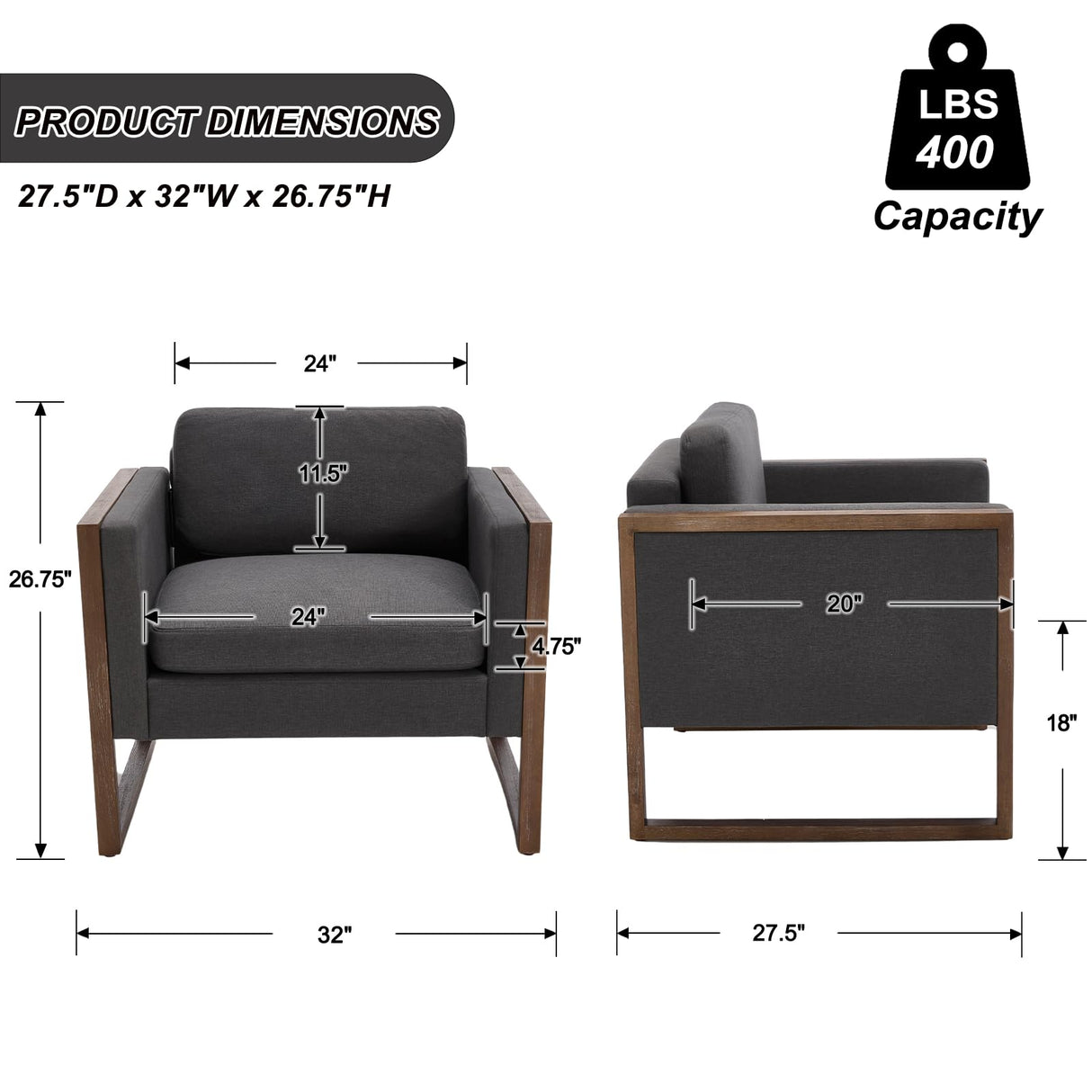 Kmax Modern Accent Chairs Set of 2, Charcoal Fabric Upholstered Club Chair, Comfy Arm Reception Chairs Living Room Chair for Hotel Conference, Walnut Wood Kmax