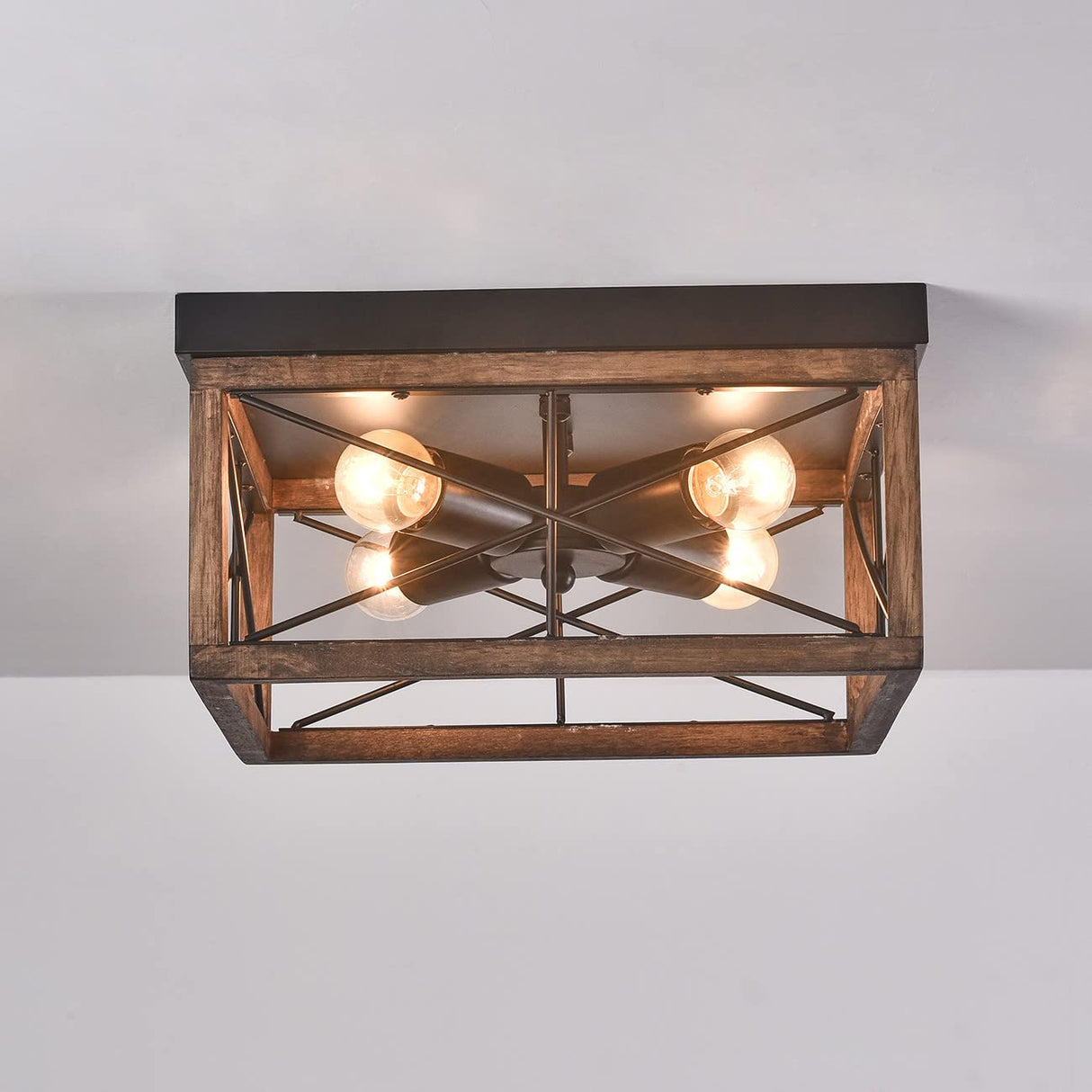 Aiwen 4-Light Rustic Wood Flush Mount Ceiling Light Metal Square Cage Farmhouse Lighting Close to Ceiling Light Fixture Black for Dining Room Bedroom Living Room Kitchen Hallway Entryway Foyer Aiwen