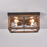 Aiwen 4-Light Rustic Wood Flush Mount Ceiling Light Metal Square Cage Farmhouse Lighting Close to Ceiling Light Fixture Black for Dining Room Bedroom Living Room Kitchen Hallway Entryway Foyer Aiwen