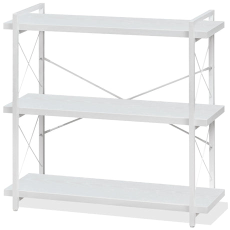 HCHQHS Bookshelf, 3-Tier Industrial Bookcase, White Open Book Shelf, Freestanding Horizontal Bookshelves with Metal Frame HCHQHS