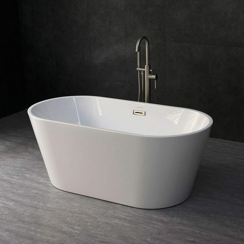WOODBRIDGE 59" Acrylic Freestanding Bathtub Contemporary Soaking Tub with Brushed Nickel Overflow and Drain B0014B,White WOODBRIDGE