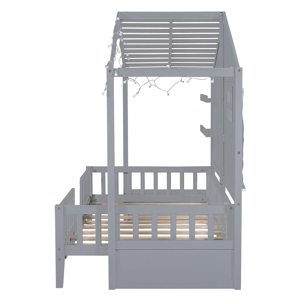 SOFTSEA Twin Size Low House Loft Bed with Shelves and Sparkling Light Stripe SOFTSEA