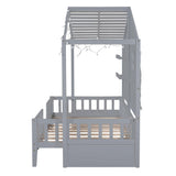 SOFTSEA Twin Size Low House Loft Bed with Shelves and Sparkling Light Stripe SOFTSEA