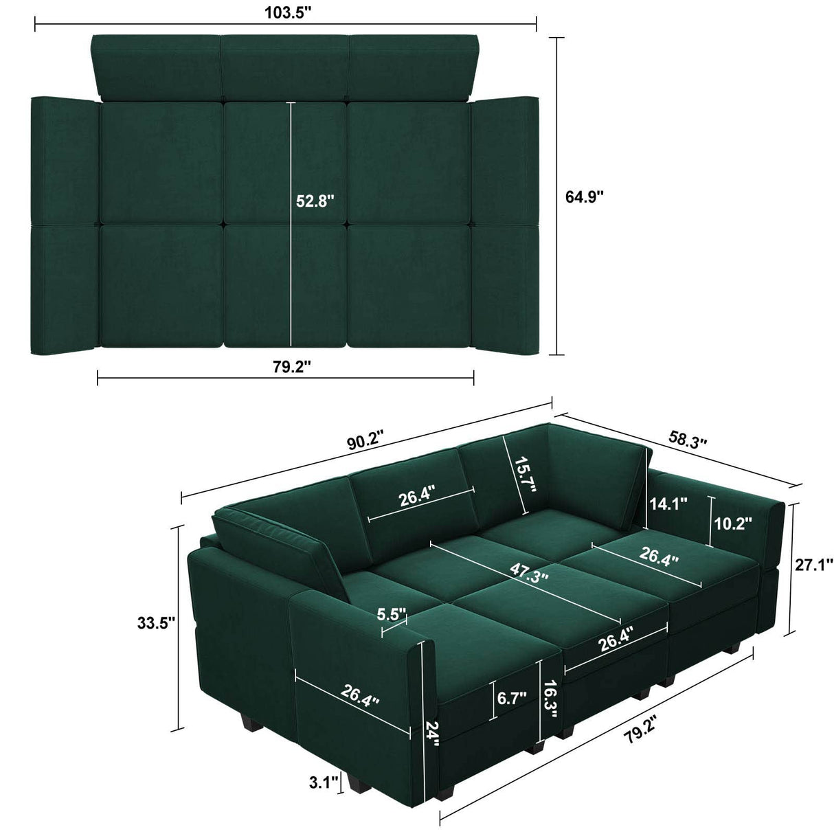 Belffin Modular Velvet Sectional Sofa with Chaise Lounge Sectional Sleeper Sofa with Storage Chaise Bed Couch for Living Room Green Belffin