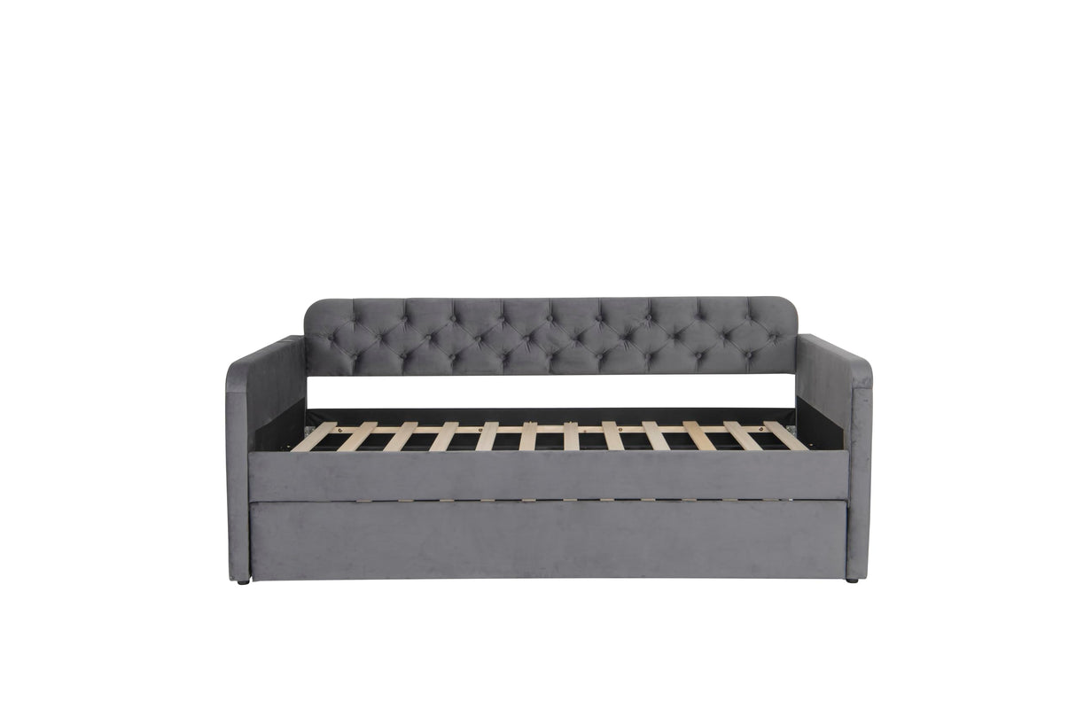 HMYFGD Twin Size Upholstered Velvet Daybed with Trundle and USB Charging Port - Button Tufted Twin Size Sofa Frame, No Box Spring Needed, for Bedroom, Guest Room (Dark Grey, Twin) HMYFGD