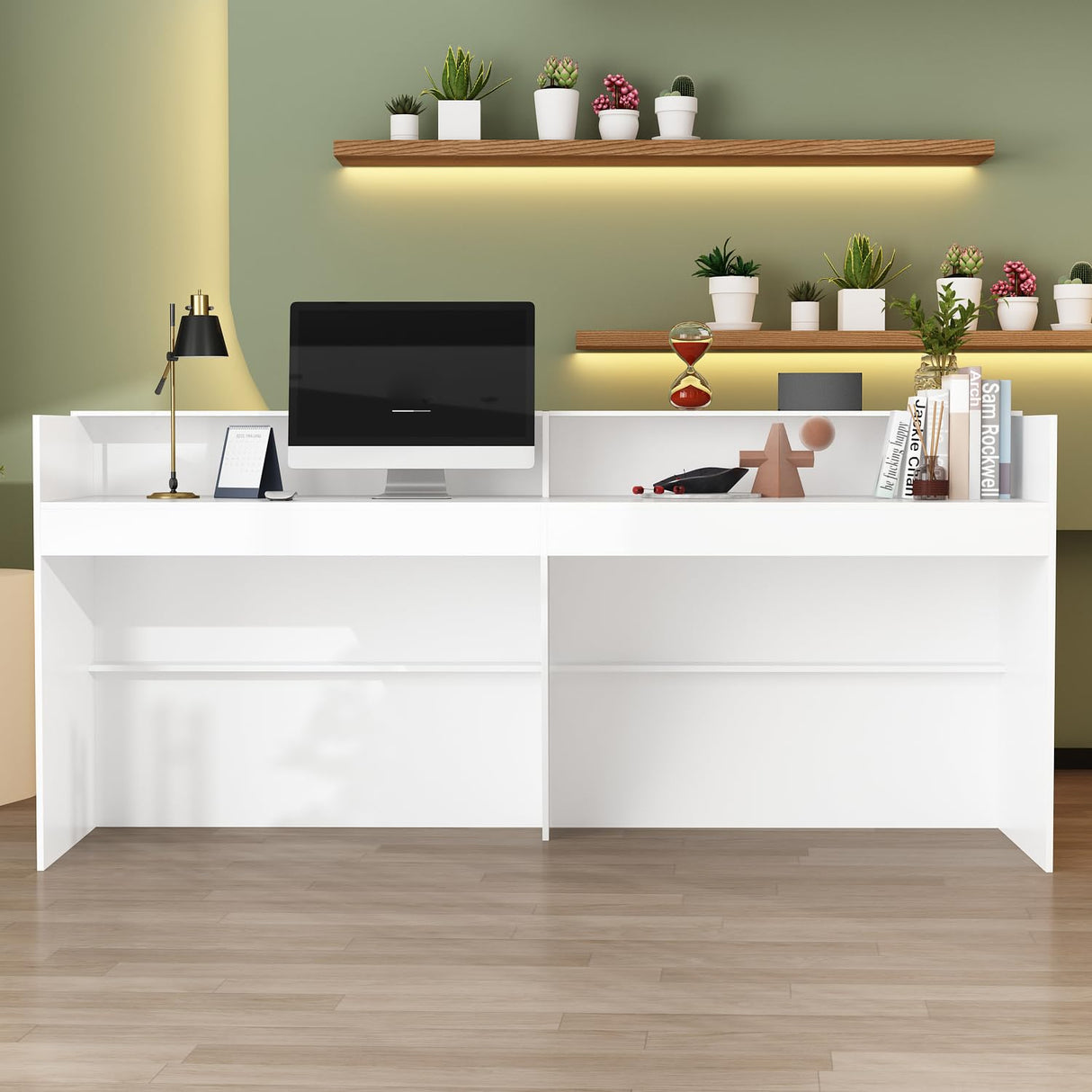 FAMAPY Reception Desk with Shelves, Modern Front Counter Table Checkout Retail Counter for Reception Room Lobby Shop, White and Black, 23.6”D x 86.6”W x 39.3”H FAMAPY