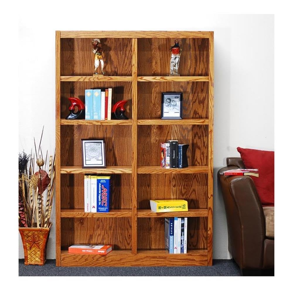 BOWERY HILL 72" Traditional Double Wide Wood Bookcase with 8 Adjustable Shelves and 2 Fixed Shelves, Ready for Assembly, for Home/Office Use, in Oak Finish BOWERY HILL