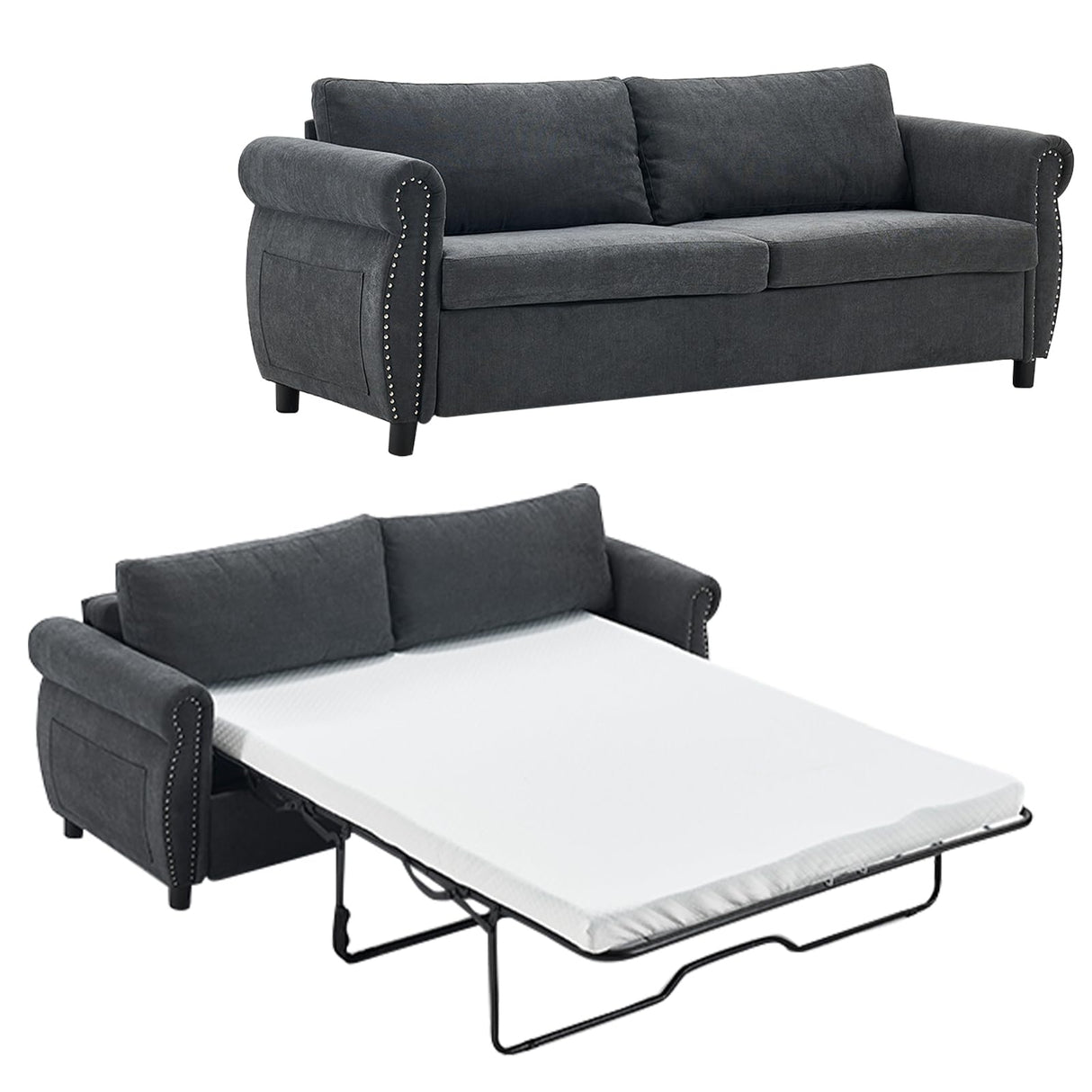 80.7" Pull Out Sofa Bed, 2-in-1 Velvet Queen Convertible Sleeper Couch with Memory Foam Mattress & Solid Wood Bed Frame, Large Pullout Couch Bed for Living Room, Apartment, Small Space,Dark Gray HANLIVES