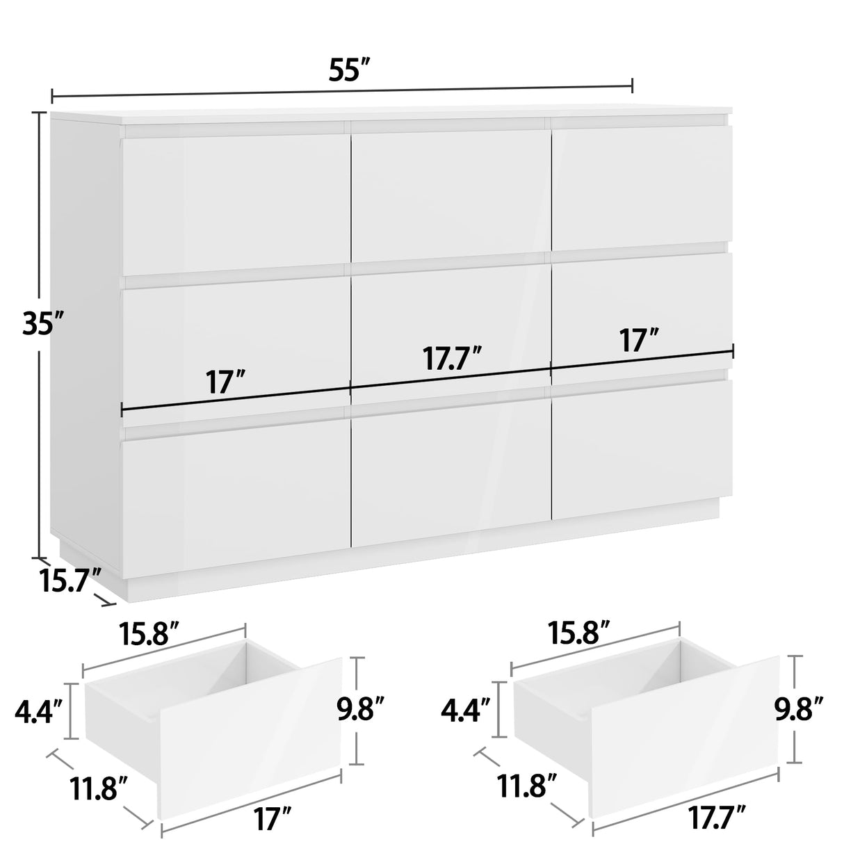 wanan 9 Drawer Dresser, Glossy White Dresser with LED Lights & Charging Station, Ball Bearing Slide wanan