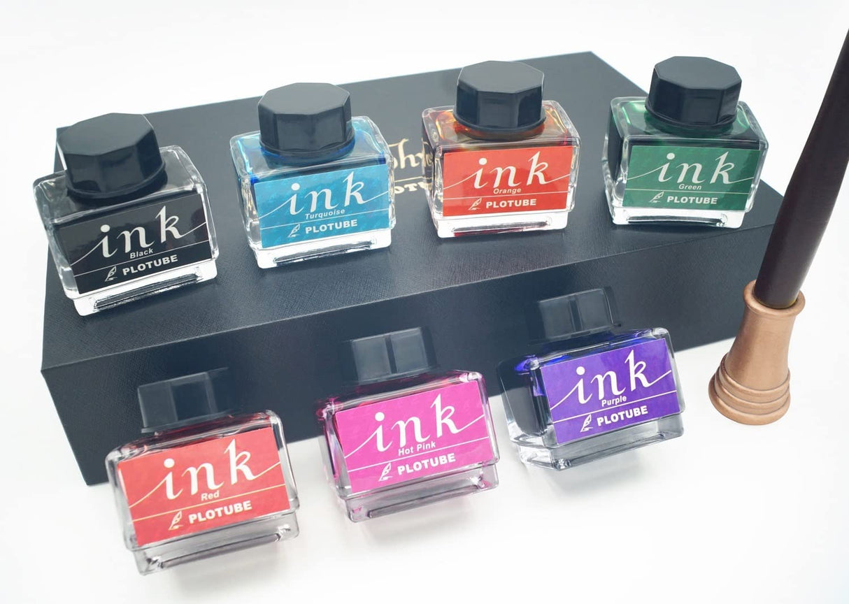 Plotube Calligraphy Pen Set – Includes Wooden Dip Pen, Antique Brass Holder, 11 Nibs, 7 Colors Ink Bottles and Beginner's Manual Plotube