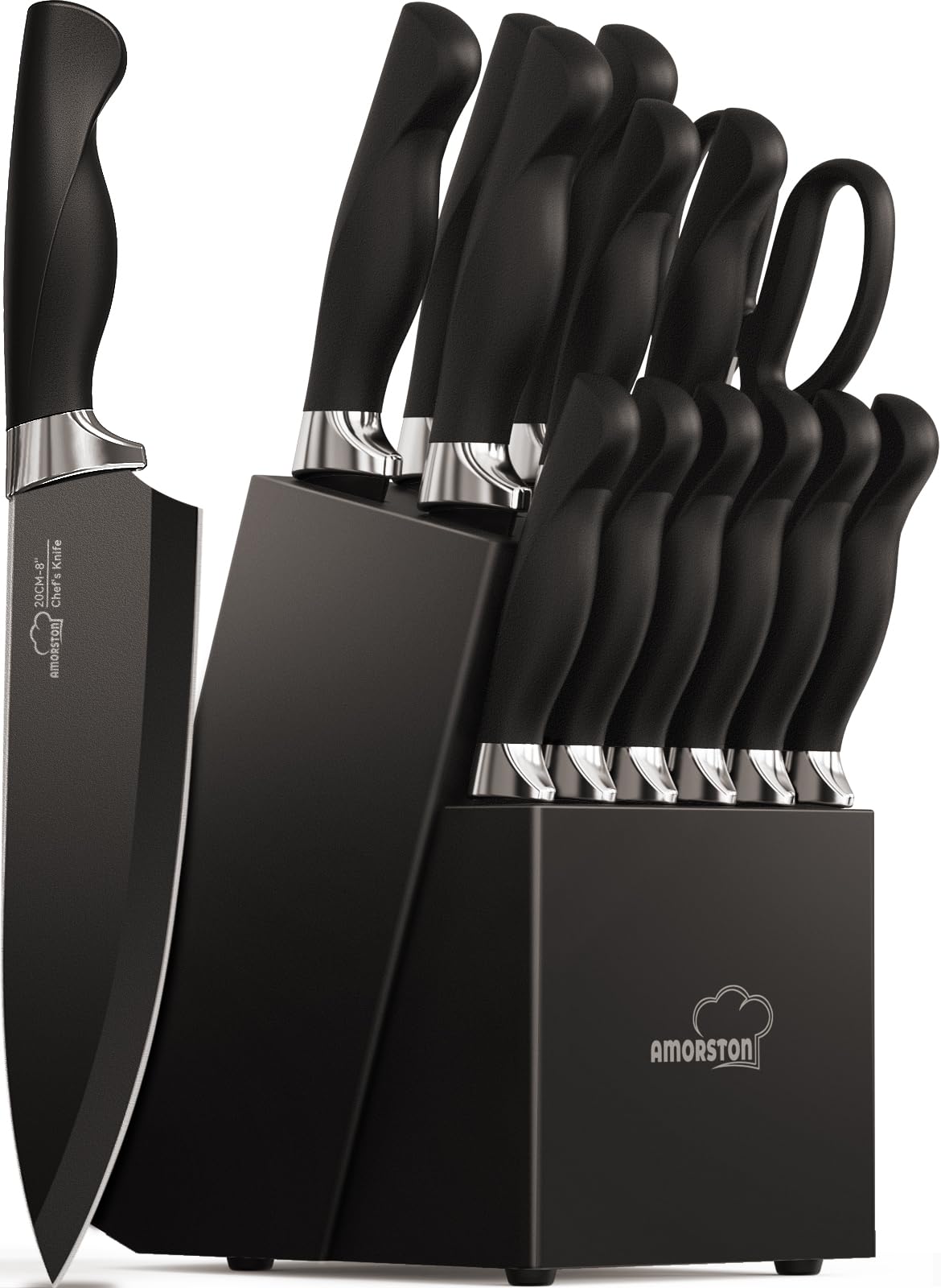 Knife Set, Amorston 15 Pieces Knife Sets for Kitchen with Block, Dishwasher Safe Kitchen Knife Set with Built in Sharpener Block, German Stainless Steel Knife Block Set, Black Amorston
