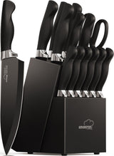 Knife Set, Amorston 15 Pieces Knife Sets for Kitchen with Block, Dishwasher Safe Kitchen Knife Set with Built in Sharpener Block, German Stainless Steel Knife Block Set, Black Amorston
