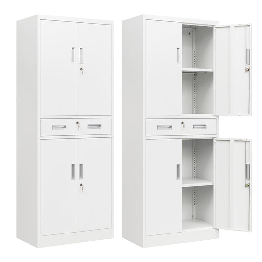 BESFUR Metal Cabinet, Garage Storage Cabinet with Drawer and Adjustable Shelves for Garage, Office, School - White